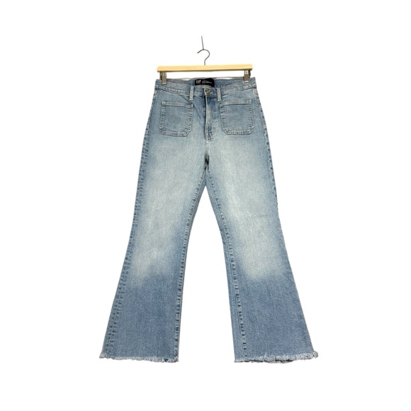 Gap | High Rise 70's Flare Jean Patch Pockets Raw Hem Size 30 - Picture 1 of 14